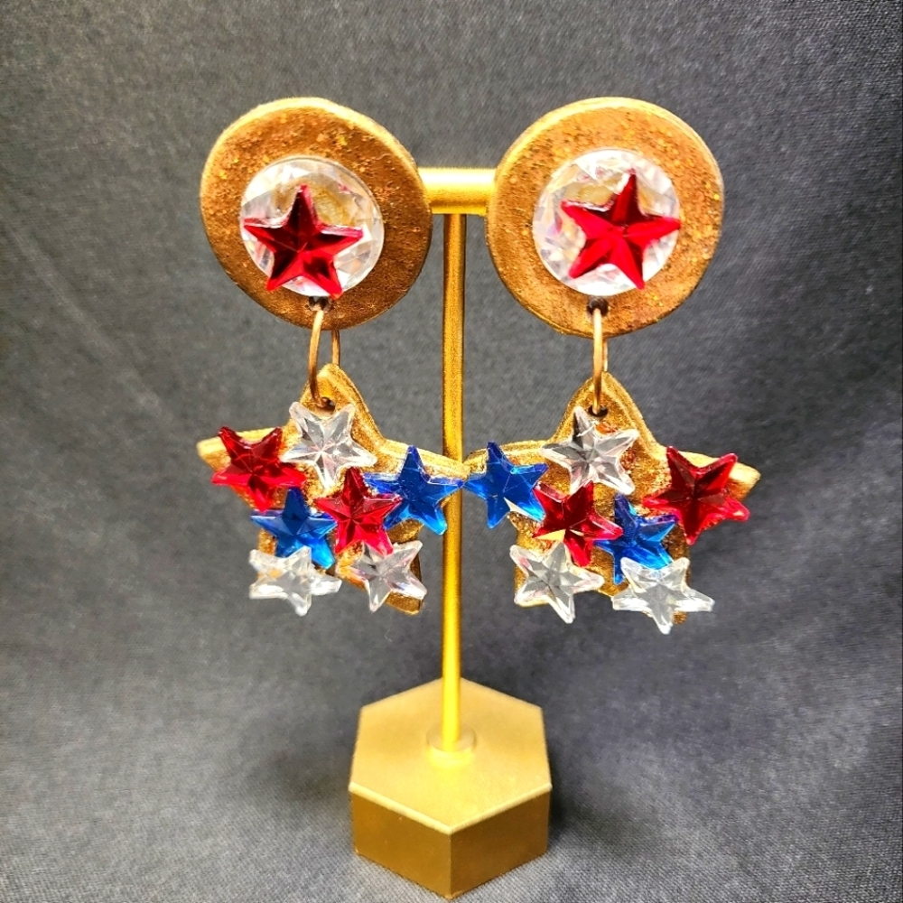 MAMS Style Red White and Blue Golden Star Dangle Piericed Earrings